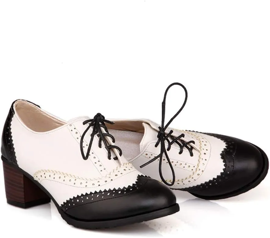 MIOKE Women's Block Mid Heel Wingtip Oxfords Pumps Two Tone Perforated Lace Up Vintage Brogues Dress Shoes