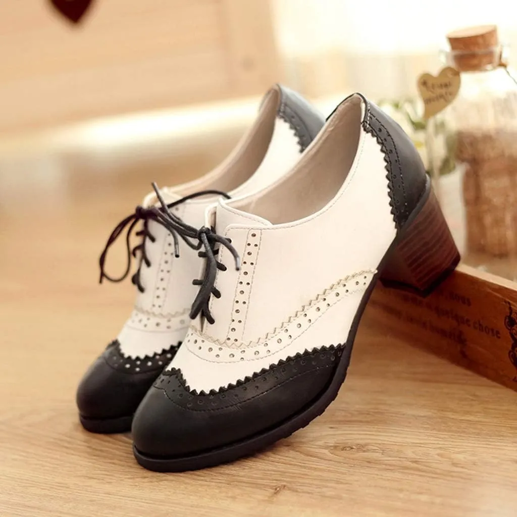 MIOKE Women's Block Mid Heel Wingtip Oxfords Pumps Two Tone Perforated Lace Up Vintage Brogues Dress Shoes