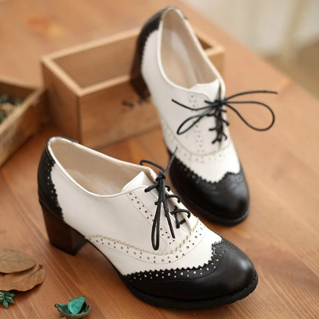 MIOKE Women's Block Mid Heel Wingtip Oxfords Pumps Two Tone Perforated Lace Up Vintage Brogues Dress Shoes