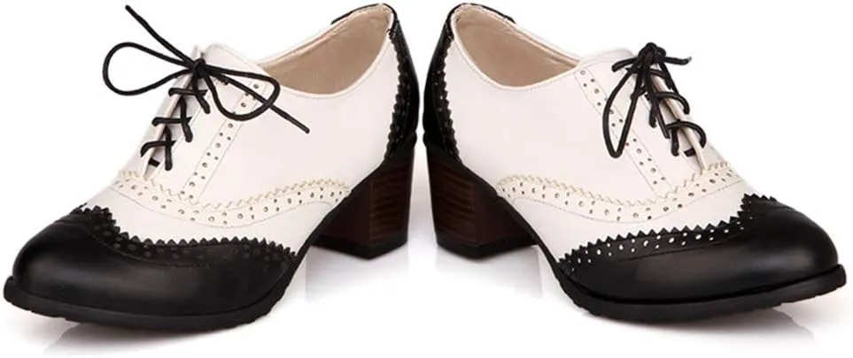MIOKE Women's Block Mid Heel Wingtip Oxfords Pumps Two Tone Perforated Lace Up Vintage Brogues Dress Shoes