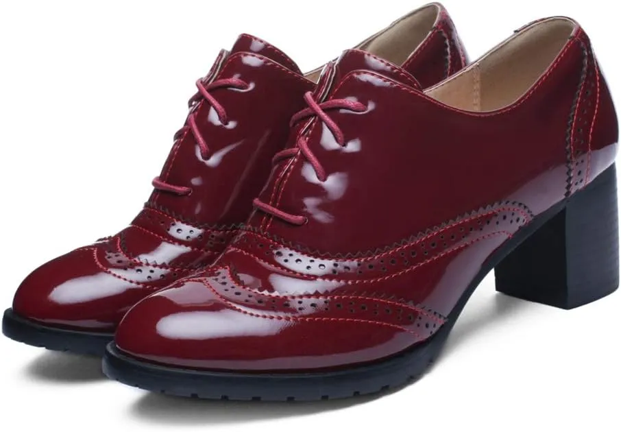 MIOKE Women's Chunky Block Heel Pump Oxfords Wingtip Lace Up Patent Leather Vintage Brogues Dress Shoes