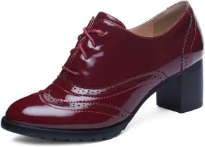 MIOKE Women's Chunky Block Heel Pump Oxfords Wingtip Lace Up Patent Leather Vintage Brogues Dress Shoes