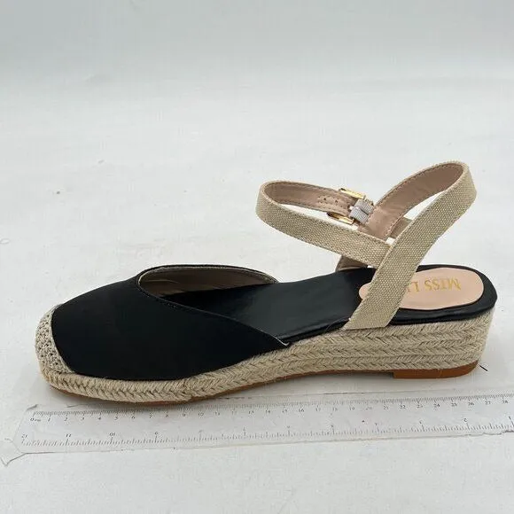 Miss left Black Platform Rounded Toe Espadrille Ankle Strap Wedge Heel Sandal
