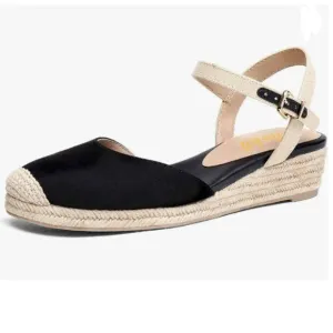 Miss left Black Platform Rounded Toe Espadrille Ankle Strap Wedge Heel Sandal