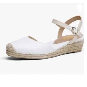 Miss Left White Platform Round Toe Espadrille Sandal Ankle Strap Mid Heel Shoes