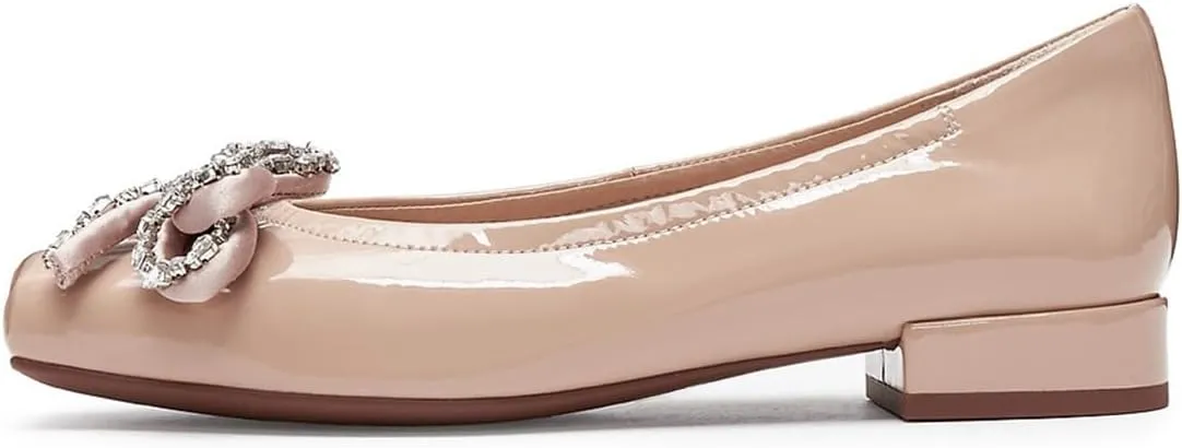 miss left Women Rhinestone Bowknot Square Toe Flats Slip on Block Low Heel Comfortable Trendy Party Date Leisure Pumps Size 4-16 US