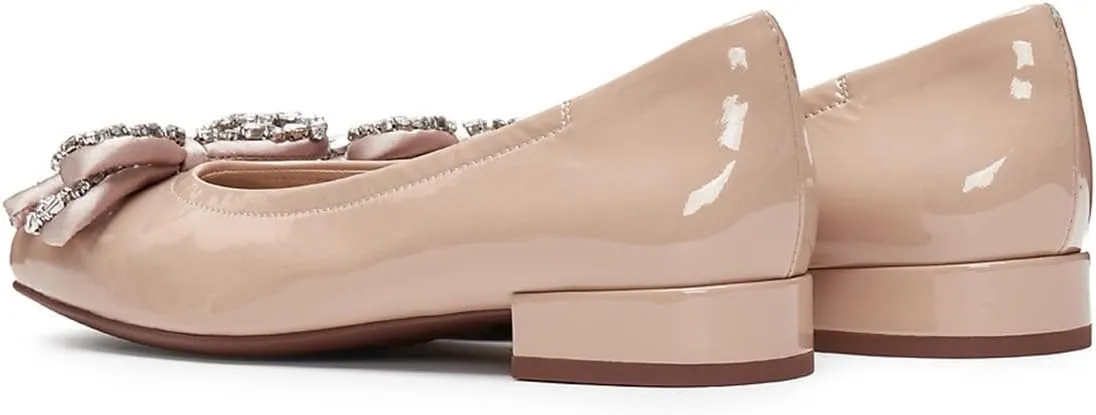 miss left Women Rhinestone Bowknot Square Toe Flats Slip on Block Low Heel Comfortable Trendy Party Date Leisure Pumps Size 4-16 US