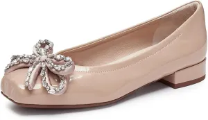 miss left Women Rhinestone Bowknot Square Toe Flats Slip on Block Low Heel Comfortable Trendy Party Date Leisure Pumps Size 4-16 US