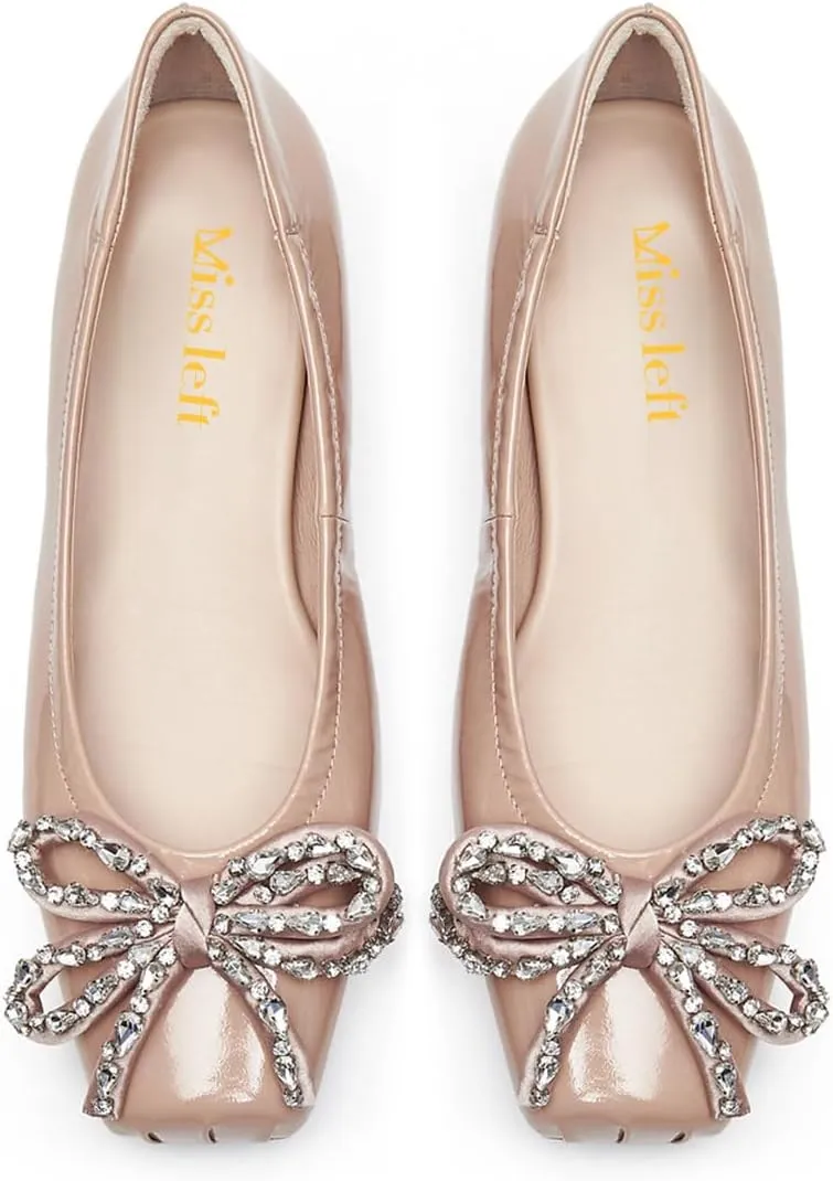 miss left Women Rhinestone Bowknot Square Toe Flats Slip on Block Low Heel Comfortable Trendy Party Date Leisure Pumps Size 4-16 US