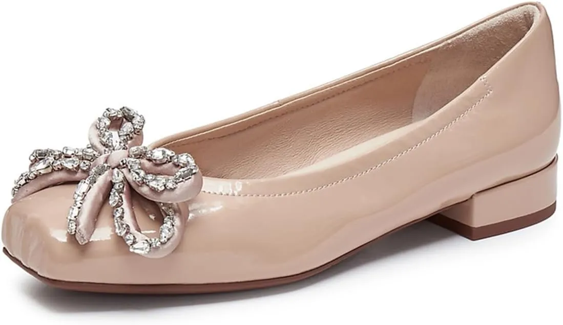 miss left Women Rhinestone Bowknot Square Toe Flats Slip on Block Low Heel Comfortable Trendy Party Date Leisure Pumps Size 4-16 US