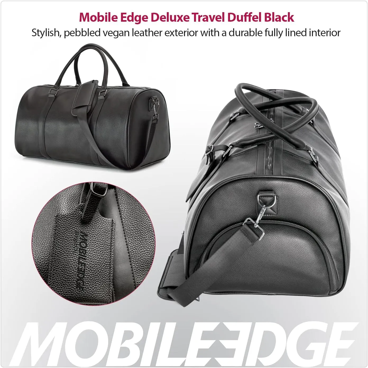 Mobile Edge Deluxe Travel Duffel Bag for Men and Women, Vegan Leather, Gym, Overnight, Weekender, Carry-On Size