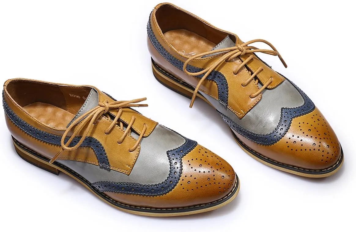 Mona flying Casual Wing Tip Oxfords Brogue for Women Ladies Handmade Lace up Leather Derby Shoes
