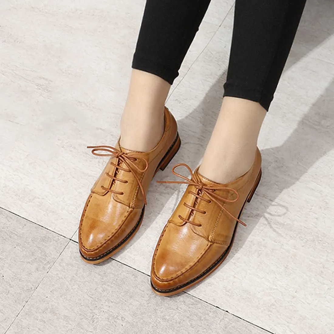 Mona flying Women's Comfortable Dress Oxfords Derby Lace-up Leather Shoes for Ladies