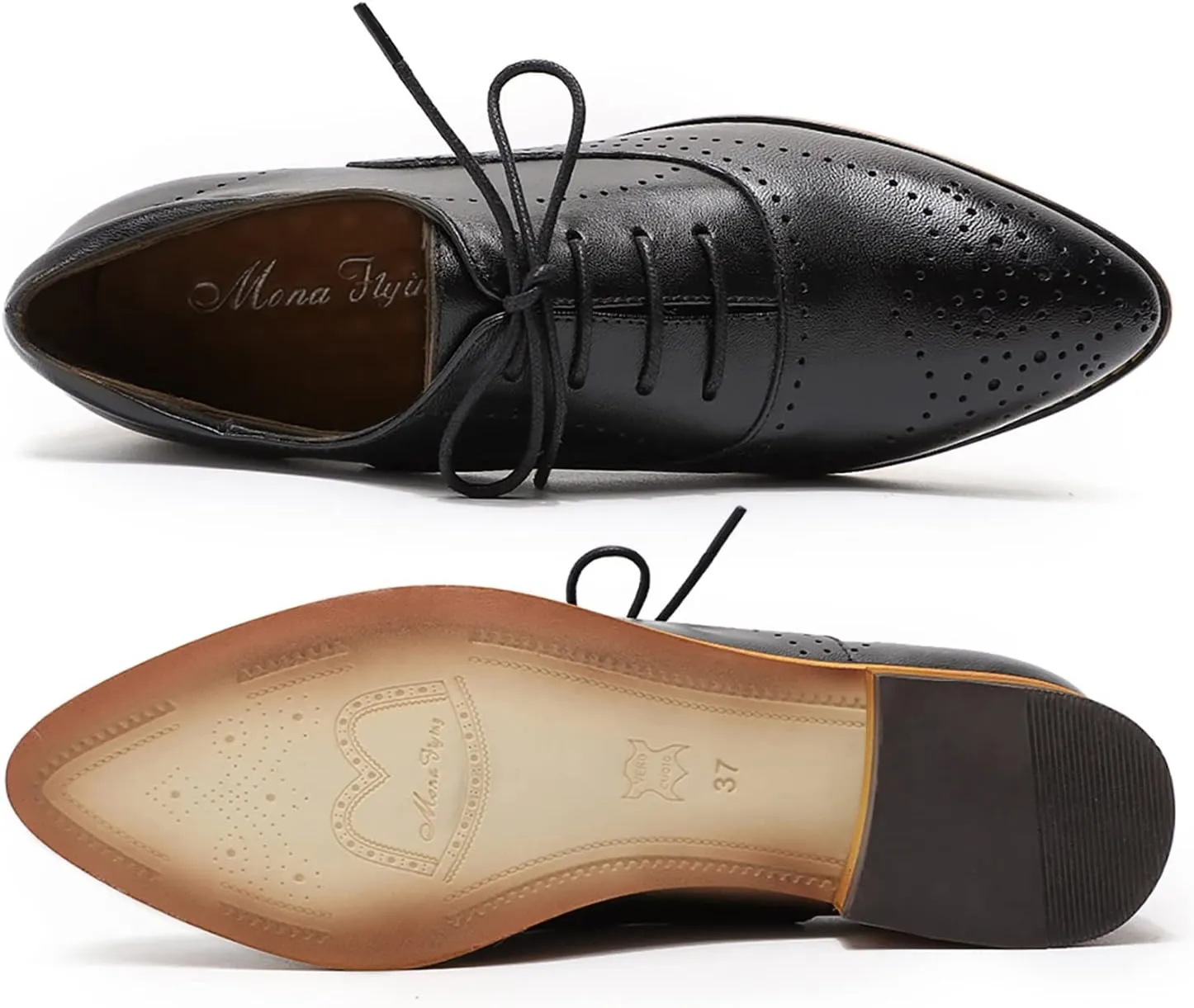 Mona flying Women's Leather Perforated Lace-up Oxfords Brogue Derby Shoes for Ladies