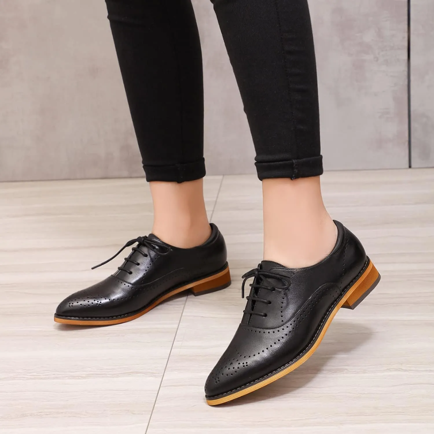 Mona flying Women's Leather Perforated Lace-up Oxfords Brogue Derby Shoes for Ladies