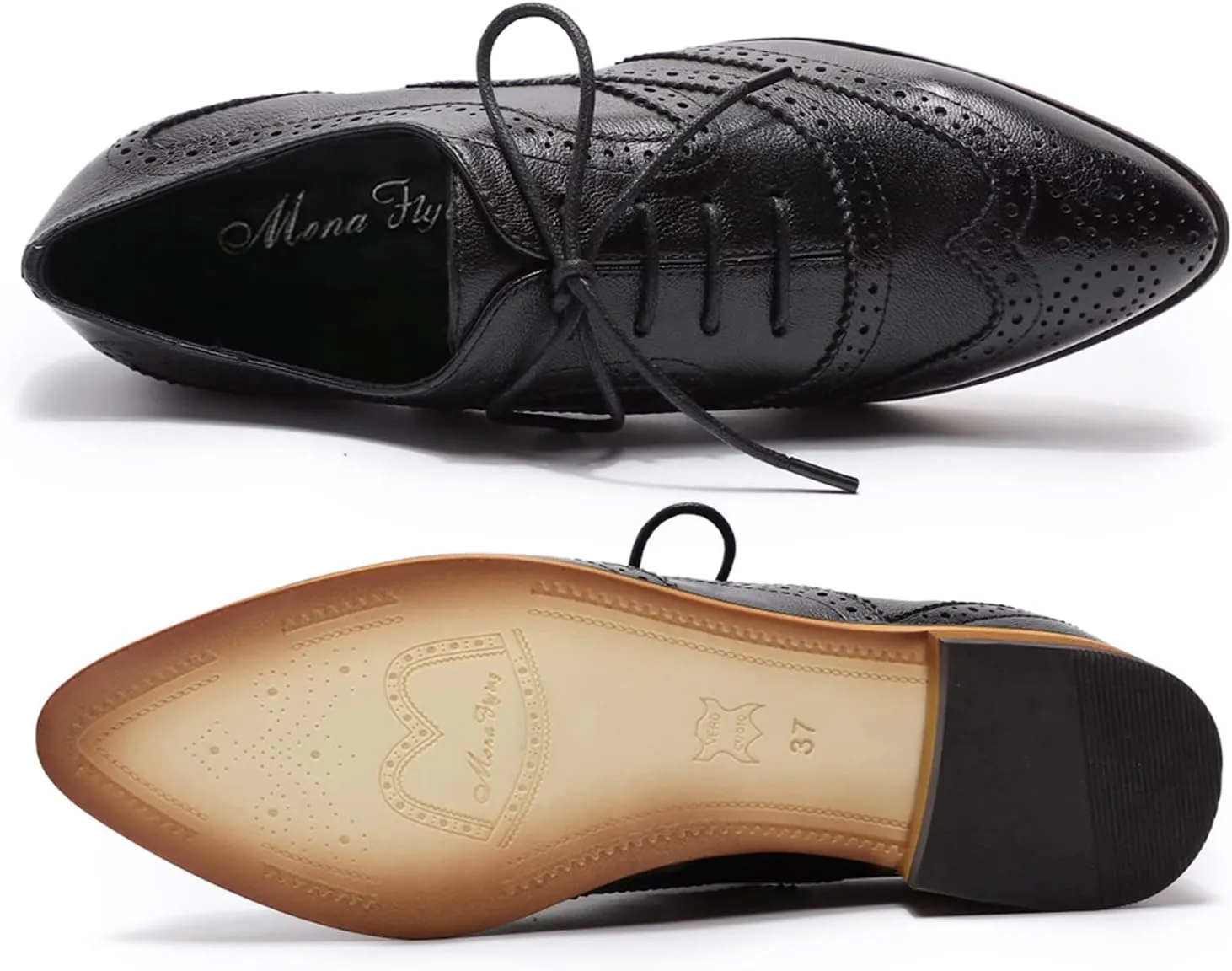 Mona flying Women's Perforated Oxfords Wingtip Brogue Lace up Leather Flat Office Work Shoes for Ladies