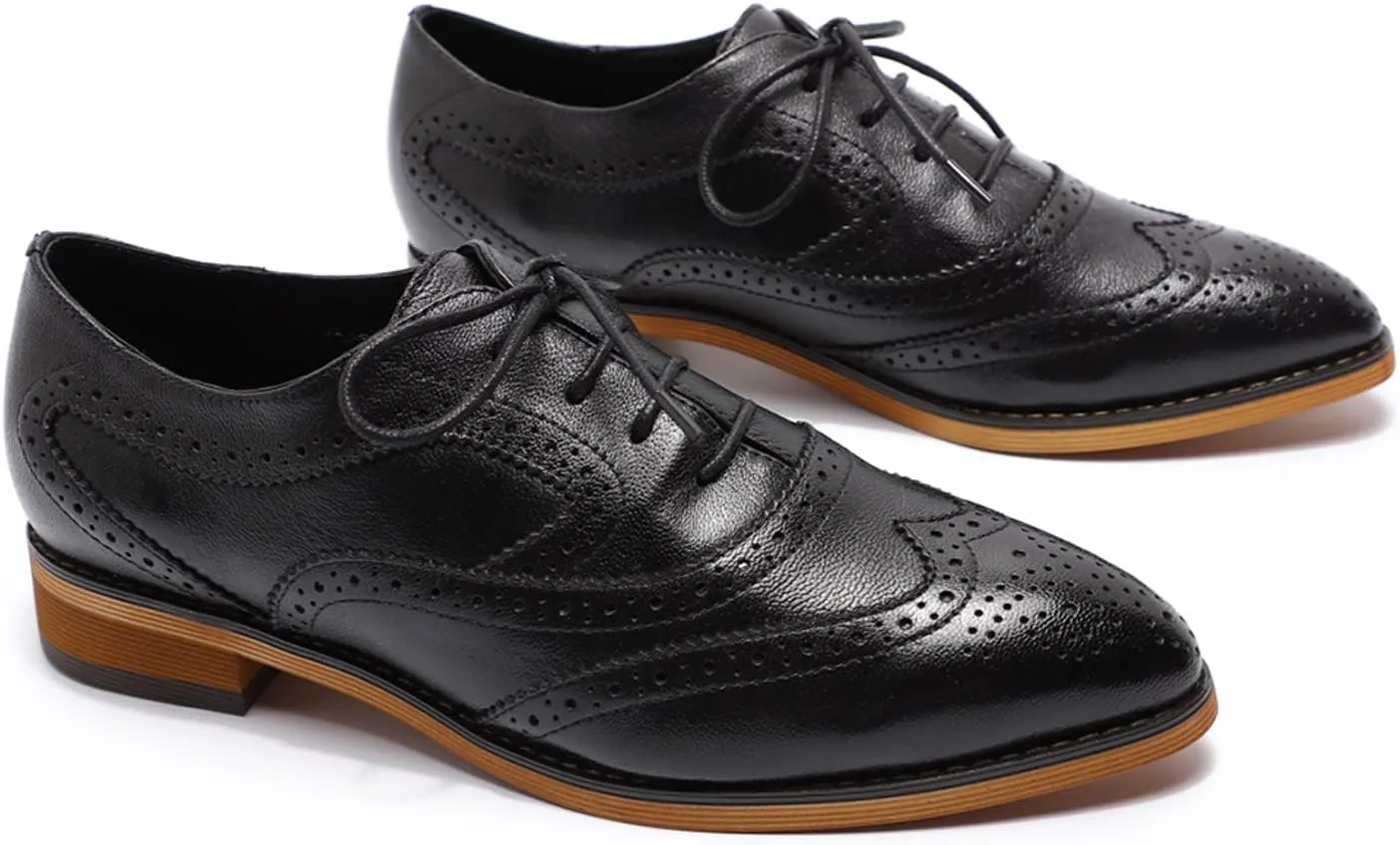 Mona flying Women's Perforated Oxfords Wingtip Brogue Lace up Leather Flat Office Work Shoes for Ladies
