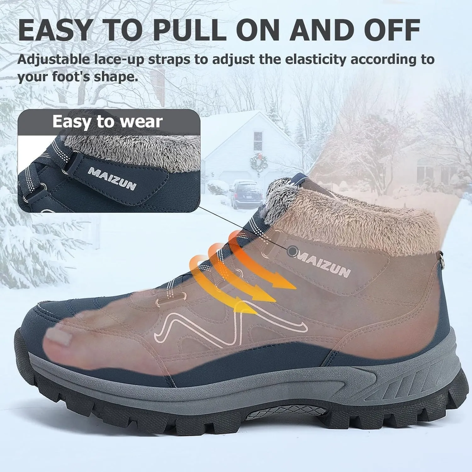 Moodeng Mens Winter Boots Causal Lightweight Snow Boots Warm Fur Lined Hiking Boots Water-Resistant Comfortable Ankle shoes Outdoor Walking