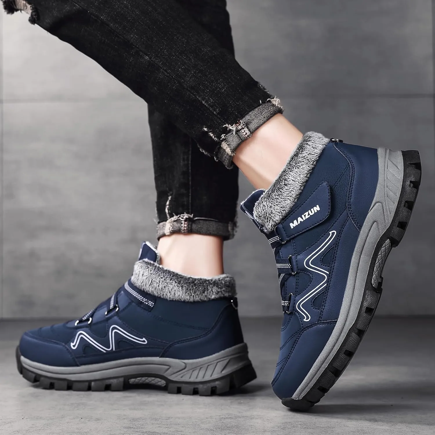 Moodeng Mens Winter Boots Causal Lightweight Snow Boots Warm Fur Lined Hiking Boots Water-Resistant Comfortable Ankle shoes Outdoor Walking