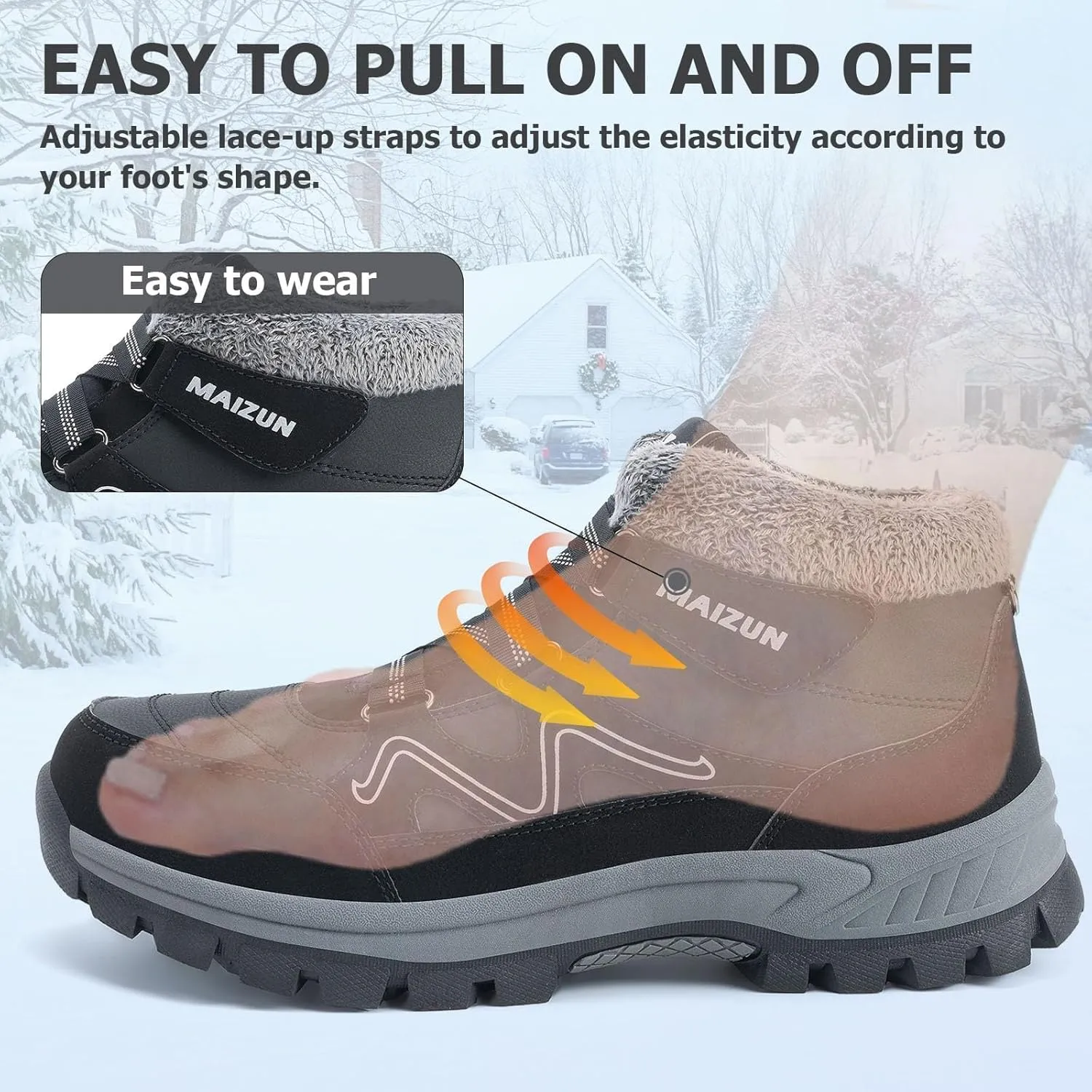 Moodeng Mens Winter Boots Causal Lightweight Snow Boots Warm Fur Lined Hiking Boots Water-Resistant Comfortable Ankle shoes Outdoor Walking