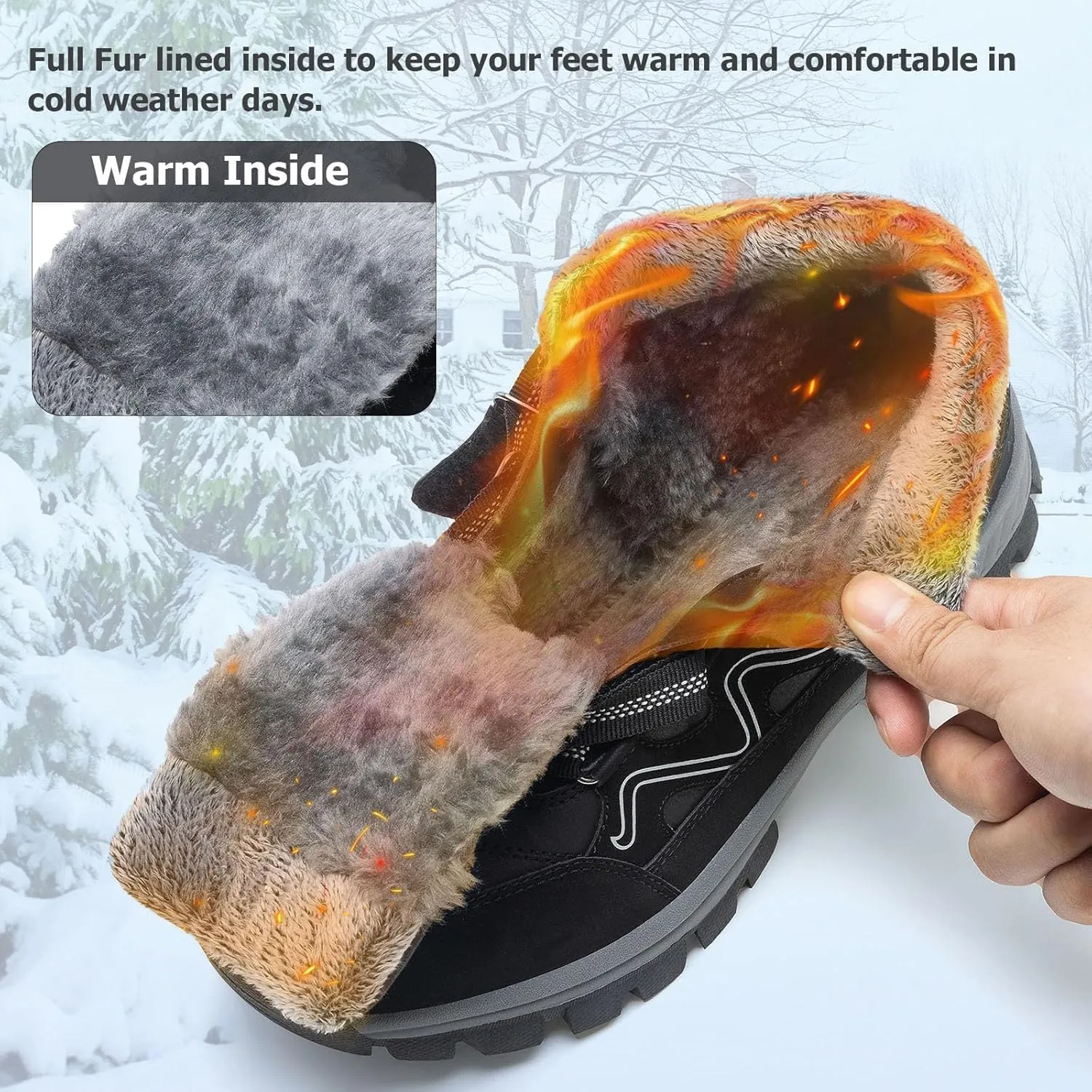 Moodeng Mens Winter Boots Causal Lightweight Snow Boots Warm Fur Lined Hiking Boots Water-Resistant Comfortable Ankle shoes Outdoor Walking