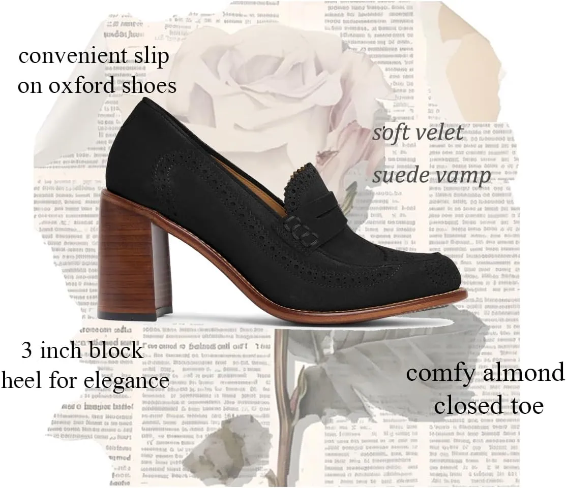 MOOMMO Women Chunky Block High Heel Loafer Pumps Round Closed Toe Slip On Oxford Shoes 3 Inch Heels Patent Leather Work Pumps Office Ladies Wingtip Dress Loafers Formal Business Party Retro 4-11 M US