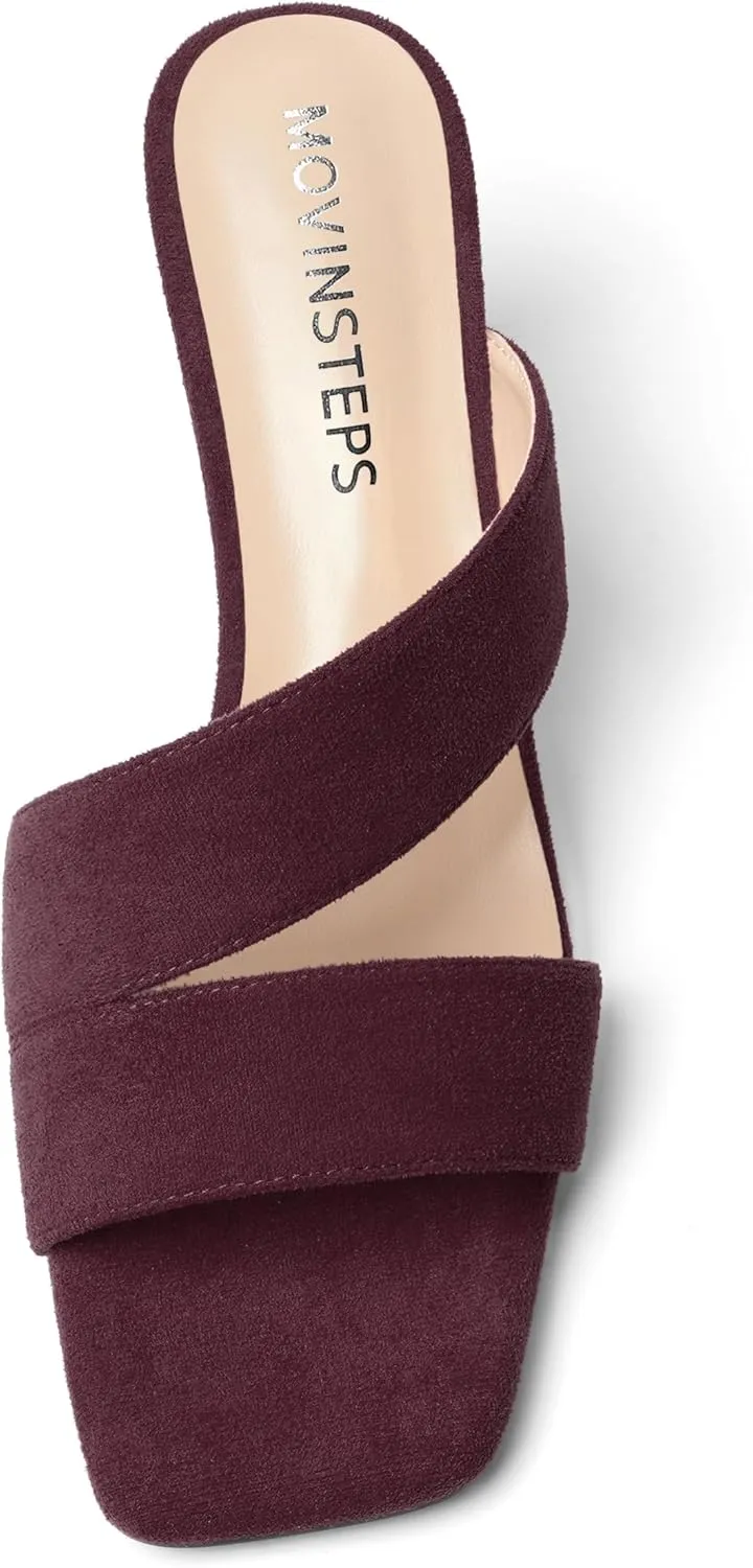MOVINSTEPS Womens Solid Casual Slip On Suede Dating Square Toe Spool High Heel Heeled Sandals 3.3 Inch