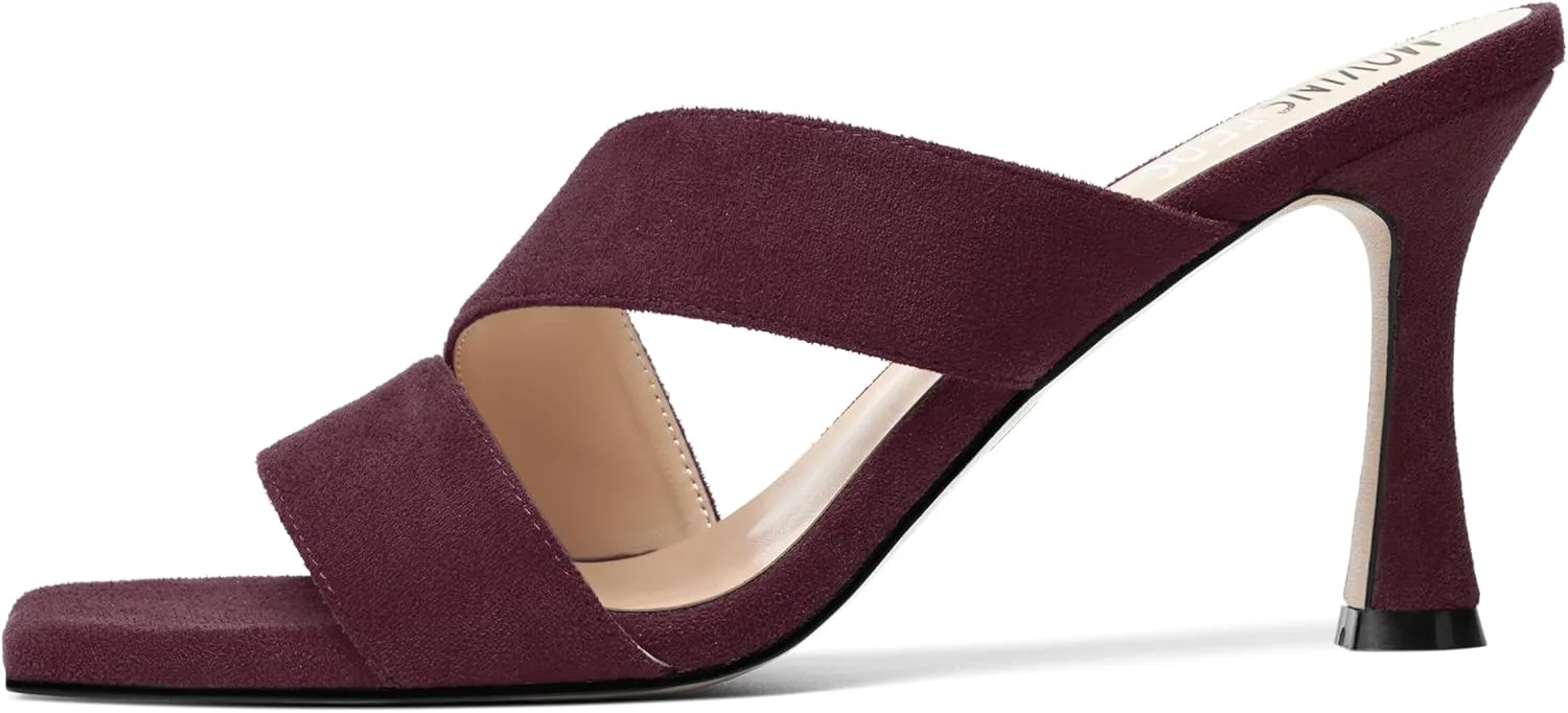 MOVINSTEPS Womens Solid Casual Slip On Suede Dating Square Toe Spool High Heel Heeled Sandals 3.3 Inch