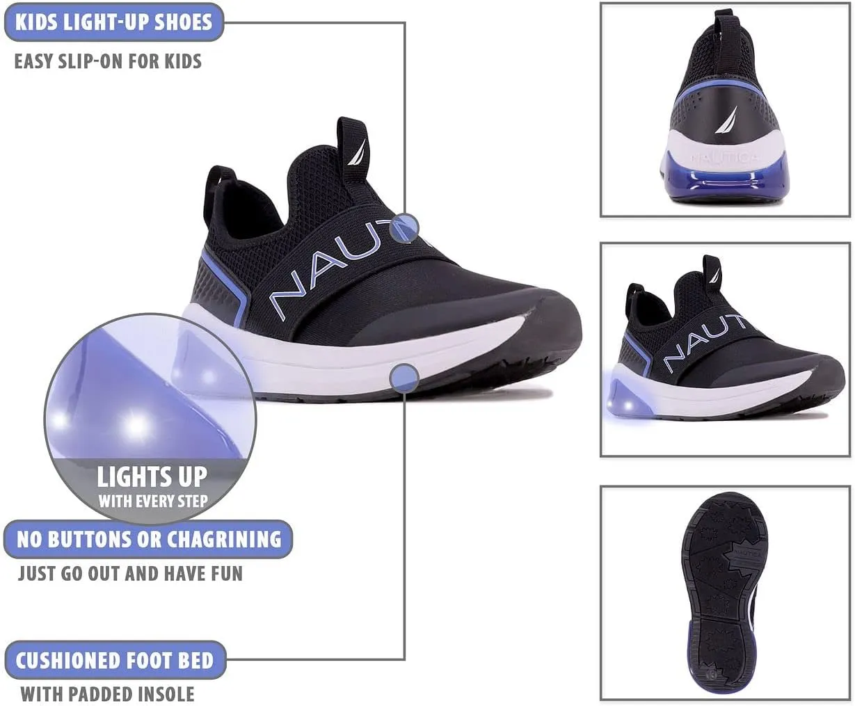 Nautica Kids Light Up Flashing Sneaker Athletic Running Shoes Lace-Up/Bungee/Slip-on |Boy - Girl|(Little Kid/Big Kid) Kappil Parks Neave Lights
