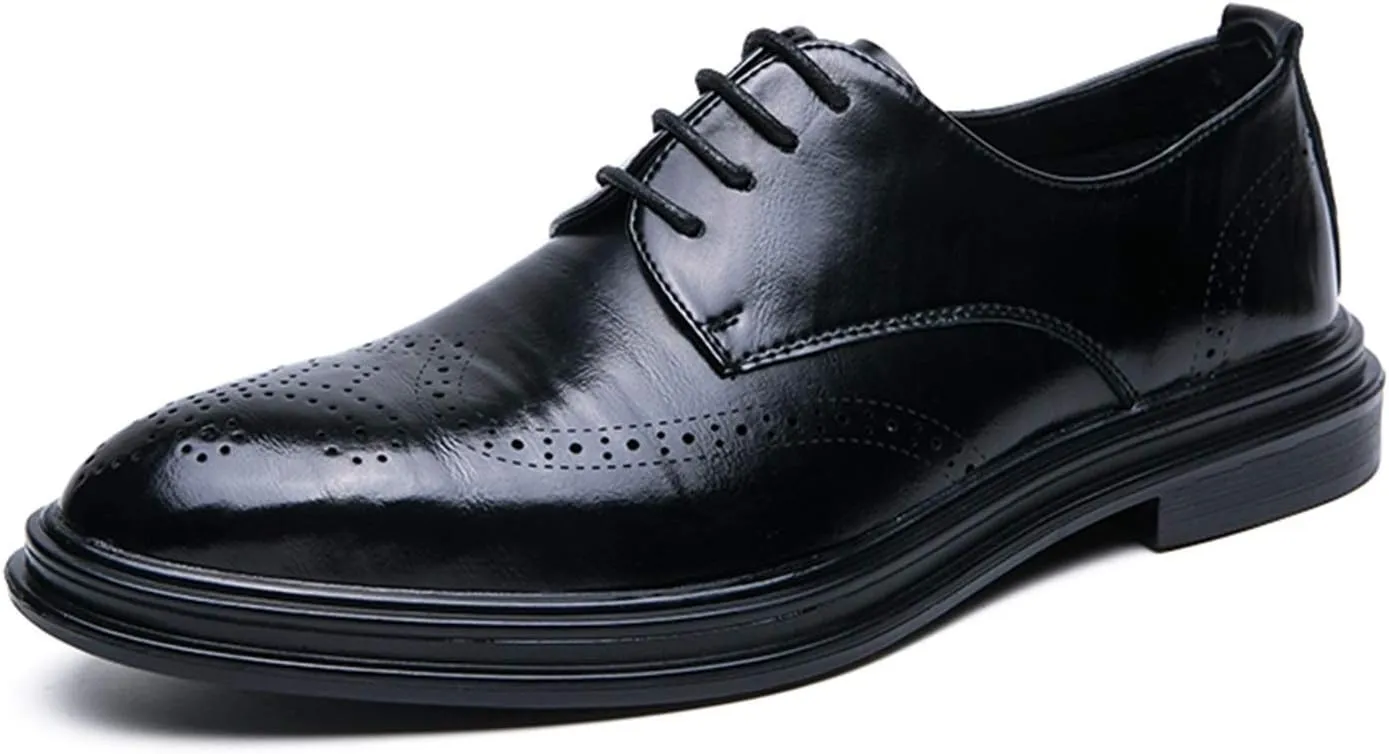New Dress Formal Shoes for Men Lace Up Wing Tip Brogue Derby Shoes Cowhide Block Heel Slip Resistant Rubber Sole Non Slip Party