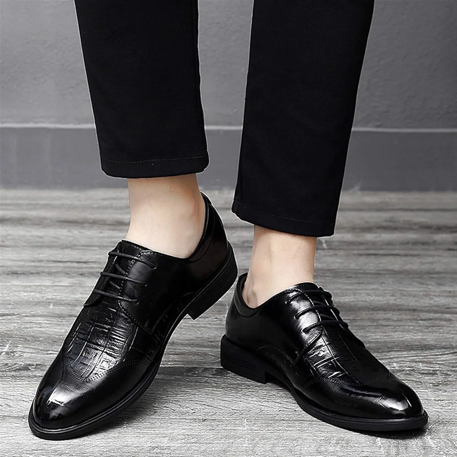 New Dress Oxford Shoes for Men Lace Up Split Round Toe Crocodile Embossed Derby Shoes Vegan Leather Low Top Block Heel Anti-Slip Resistant Non Slip Prom