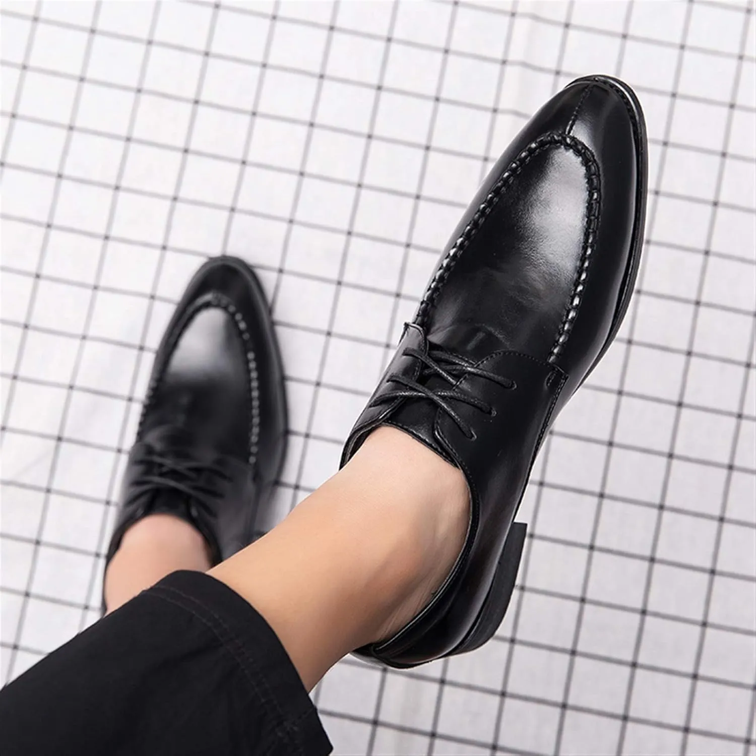 New Dress Shoes for Men Lace Up Apron Split Toe Derby Shoes Faux Leather Block Heel Rubber Sole Anti-Slip Wedding