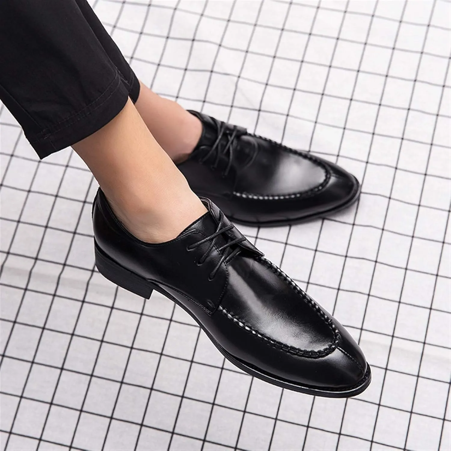 New Dress Shoes for Men Lace Up Apron Split Toe Derby Shoes Faux Leather Block Heel Rubber Sole Anti-Slip Wedding