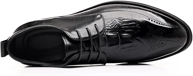 New Dress Shoes for Men Lace Up Round Burnished Toe Brogue Embossed Crocodile Print Derby Shoes Rubber Sole Block Heel Resistant Non Slip Classic