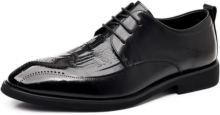 New Dress Shoes for Men Lace Up Round Burnished Toe Brogue Embossed Crocodile Print Derby Shoes Rubber Sole Block Heel Resistant Non Slip Classic