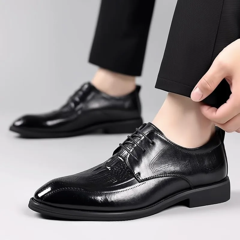 New Dress Shoes for Men Lace Up Round Burnished Toe Brogue Embossed Crocodile Print Derby Shoes Rubber Sole Block Heel Resistant Non Slip Classic