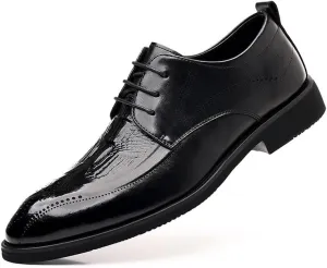 New Dress Shoes for Men Lace Up Round Burnished Toe Brogue Embossed Crocodile Print Derby Shoes Rubber Sole Block Heel Resistant Non Slip Classic