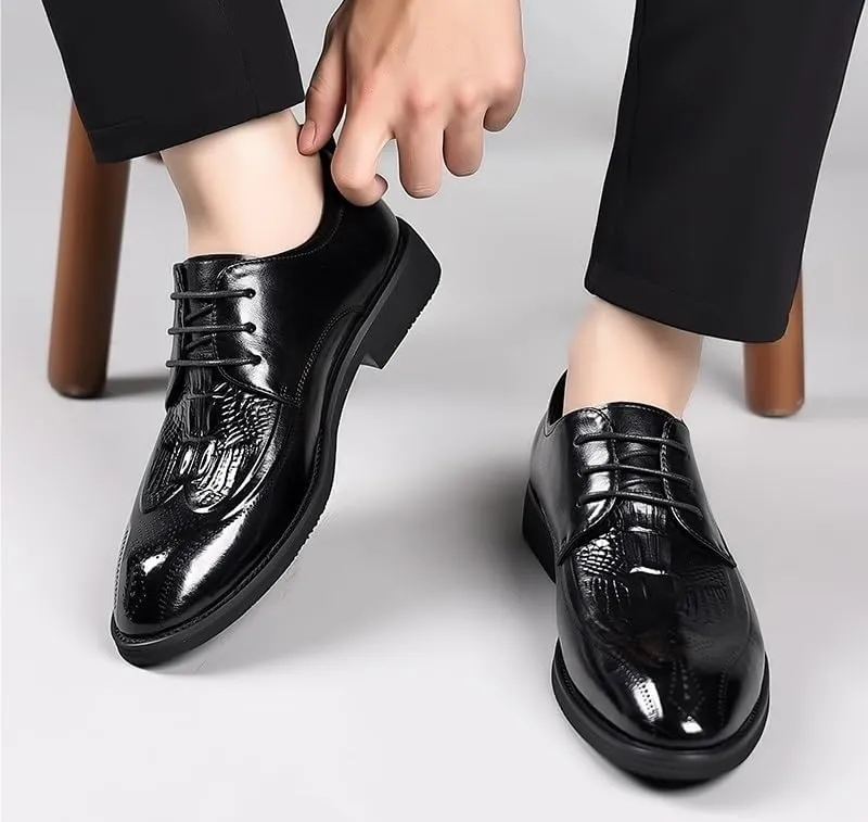 New Dress Shoes for Men Lace Up Round Burnished Toe Brogue Embossed Crocodile Print Derby Shoes Rubber Sole Block Heel Resistant Non Slip Classic
