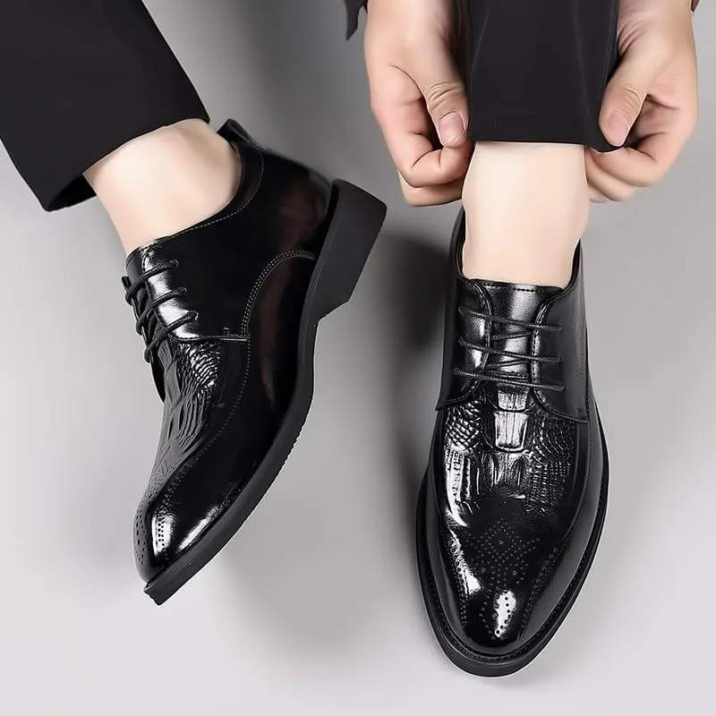 New Dress Shoes for Men Lace Up Round Burnished Toe Brogue Embossed Crocodile Print Derby Shoes Rubber Sole Block Heel Resistant Non Slip Classic