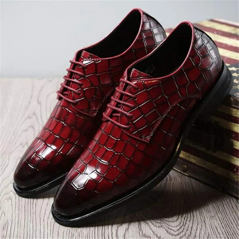 New Formal Shoes for Men Lace Up Crocodile Embossed Derby Shoes Leather Low Top Non Slip Resistant Business