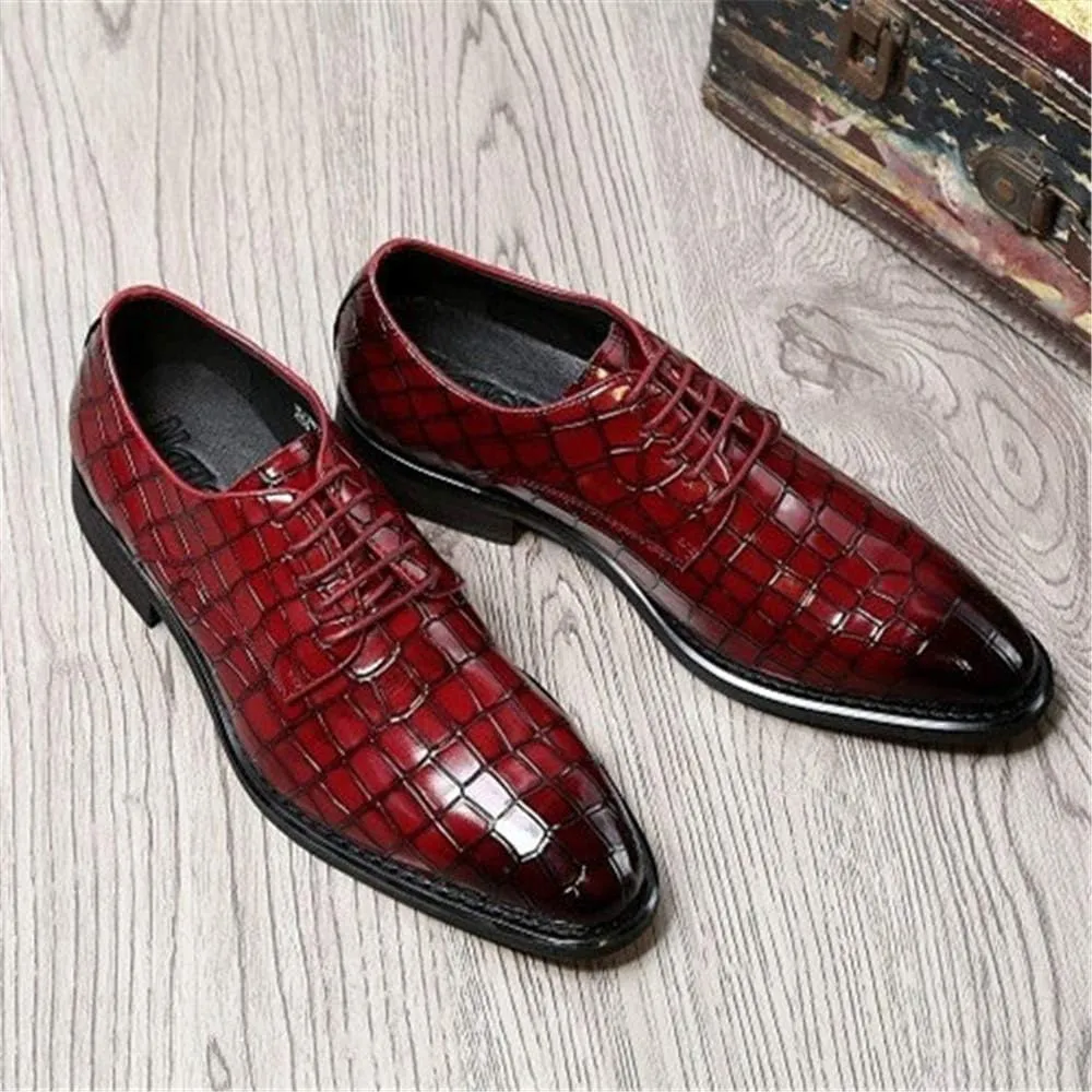 New Formal Shoes for Men Lace Up Crocodile Embossed Derby Shoes Leather Low Top Non Slip Resistant Business