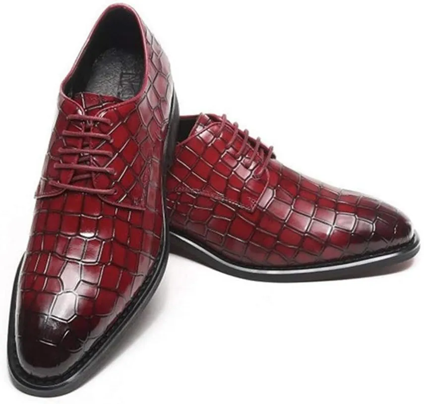 New Formal Shoes for Men Lace Up Crocodile Embossed Derby Shoes Leather Low Top Non Slip Resistant Business