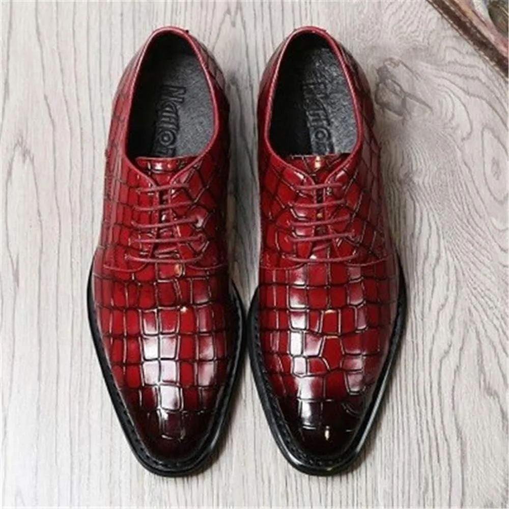 New Formal Shoes for Men Lace Up Crocodile Embossed Derby Shoes Leather Low Top Non Slip Resistant Business