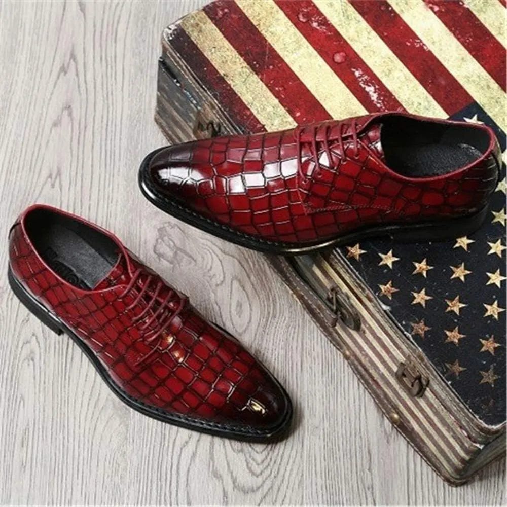 New Formal Shoes for Men Lace Up Crocodile Embossed Derby Shoes Leather Low Top Non Slip Resistant Business