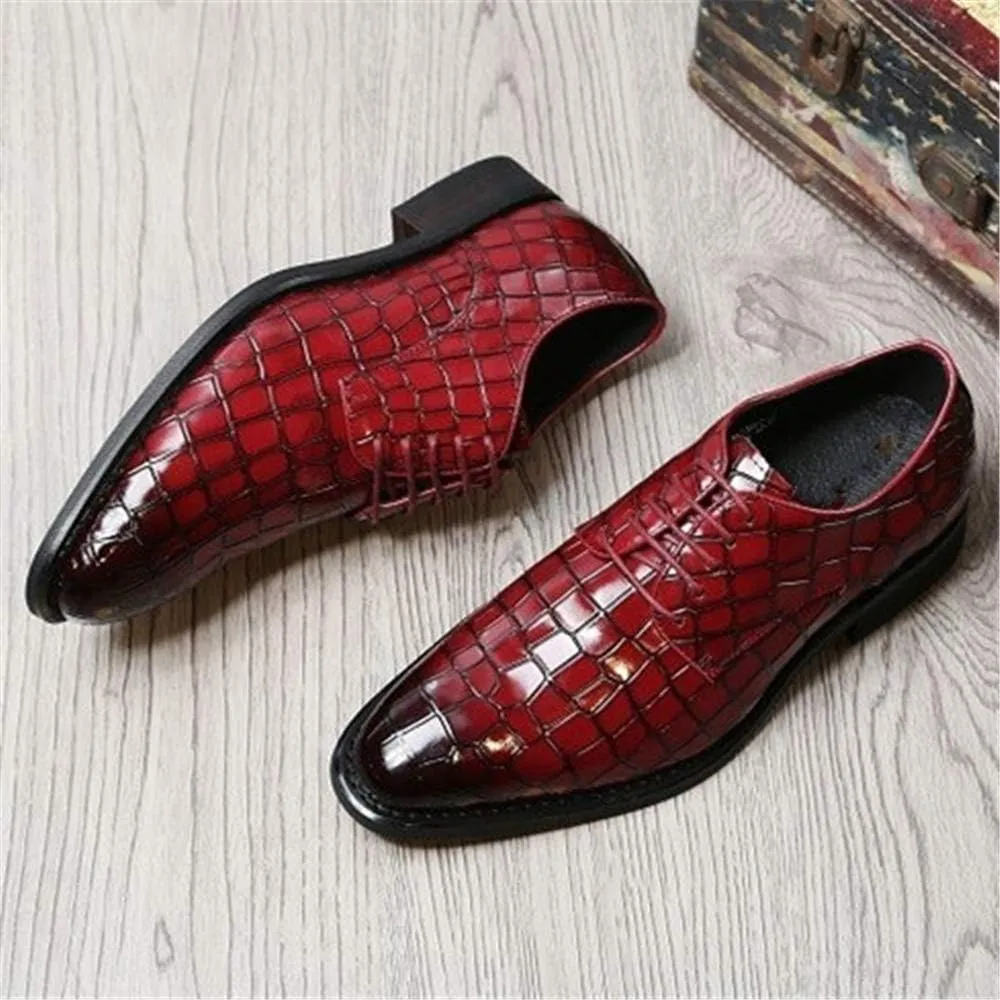 New Formal Shoes for Men Lace Up Crocodile Embossed Derby Shoes Leather Low Top Non Slip Resistant Business