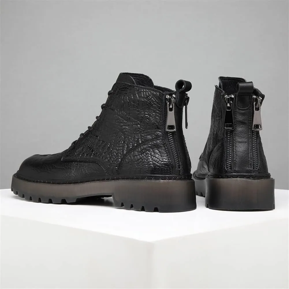 New Lace Up Boots For Men Derby Crocodile Print Double Back Zip Cowhide Leather Wearable Non Slip Block Heel Classic Dress Formal