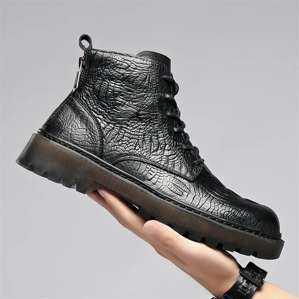 New Lace Up Boots For Men Derby Crocodile Print Double Back Zip Cowhide Leather Wearable Non Slip Block Heel Classic Dress Formal