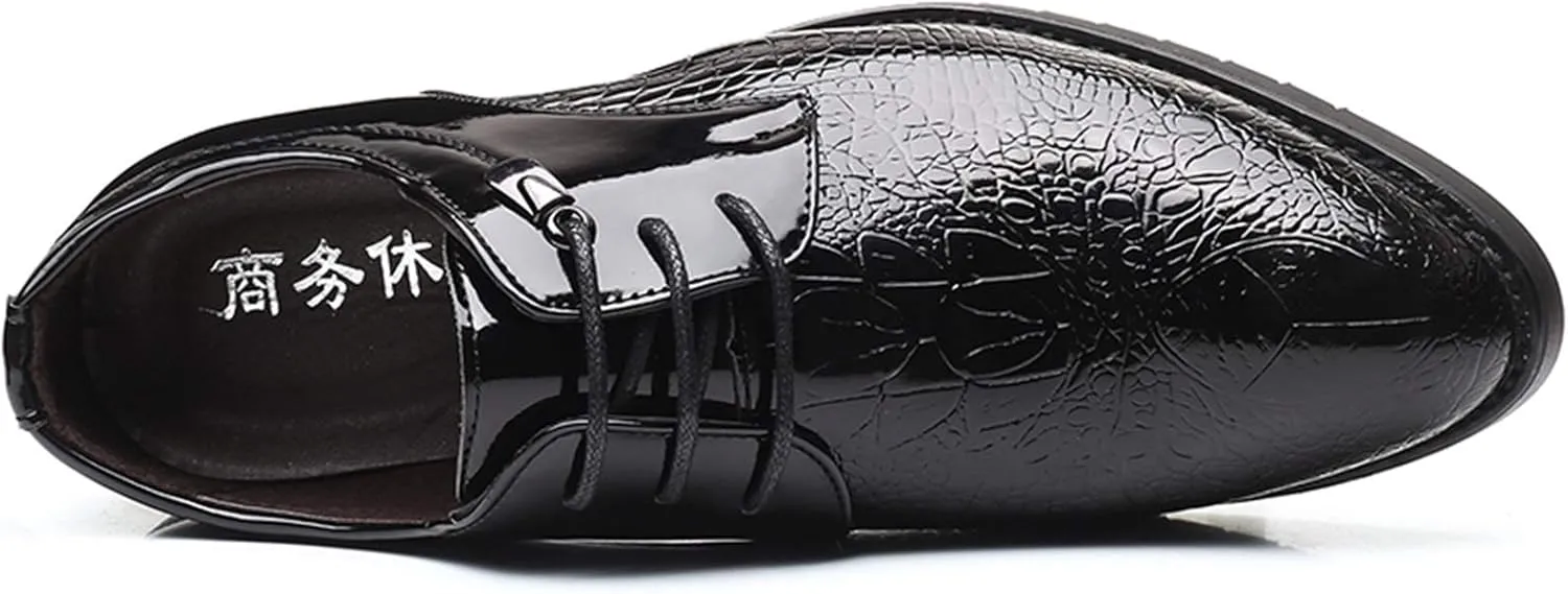 New Oxford Formal Shoes for Men Lace Up Crocodile Embossed Round Toe Derby Shoes Patent Leather Anti-Slip Block Heel Slip Resistant Rubber Sole Business