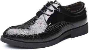 New Oxford Formal Shoes for Men Lace Up Crocodile Embossed Round Toe Derby Shoes Patent Leather Anti-Slip Block Heel Slip Resistant Rubber Sole Business