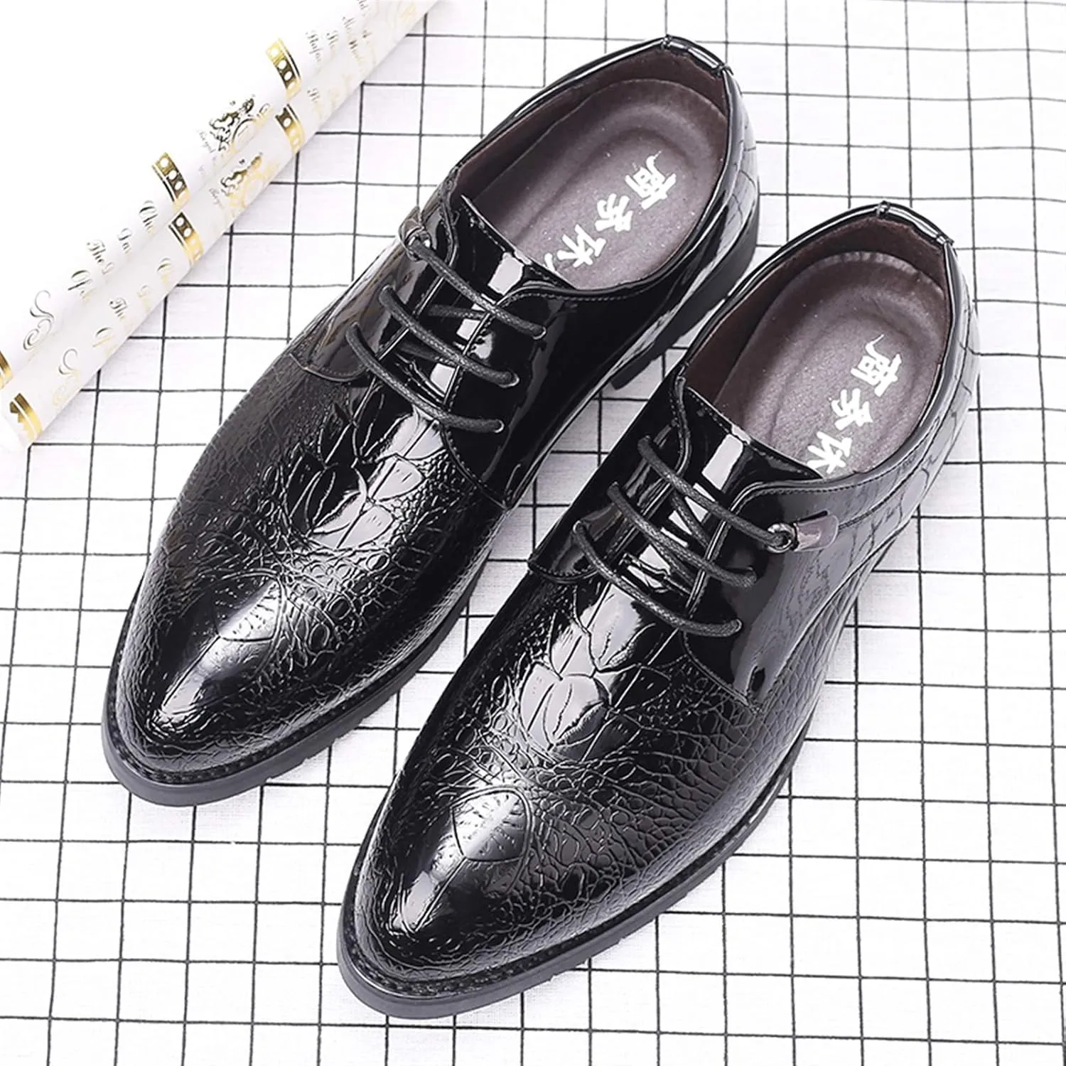 New Oxford Formal Shoes for Men Lace Up Crocodile Embossed Round Toe Derby Shoes Patent Leather Anti-Slip Block Heel Slip Resistant Rubber Sole Business